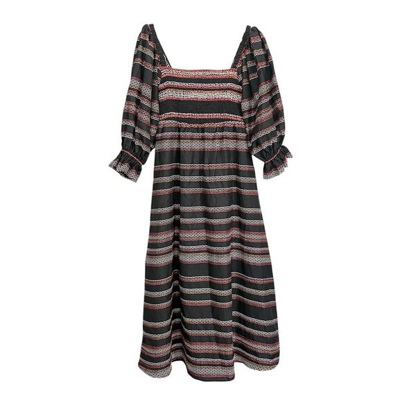 Hutch Reva Stripes Smocked Midi Length Dress Black Red - Picture 2 of 7